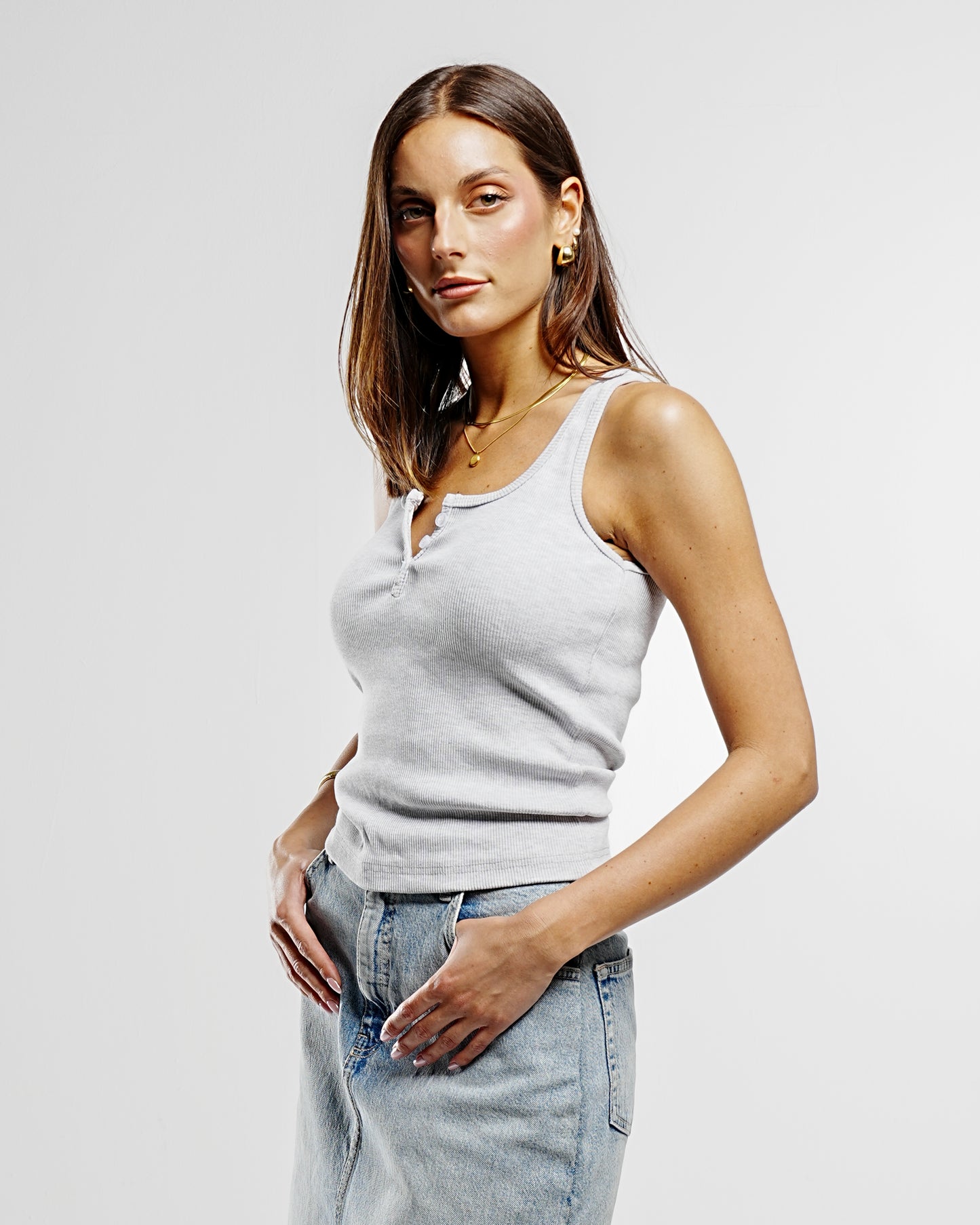 Grey Button Front Tank Top
